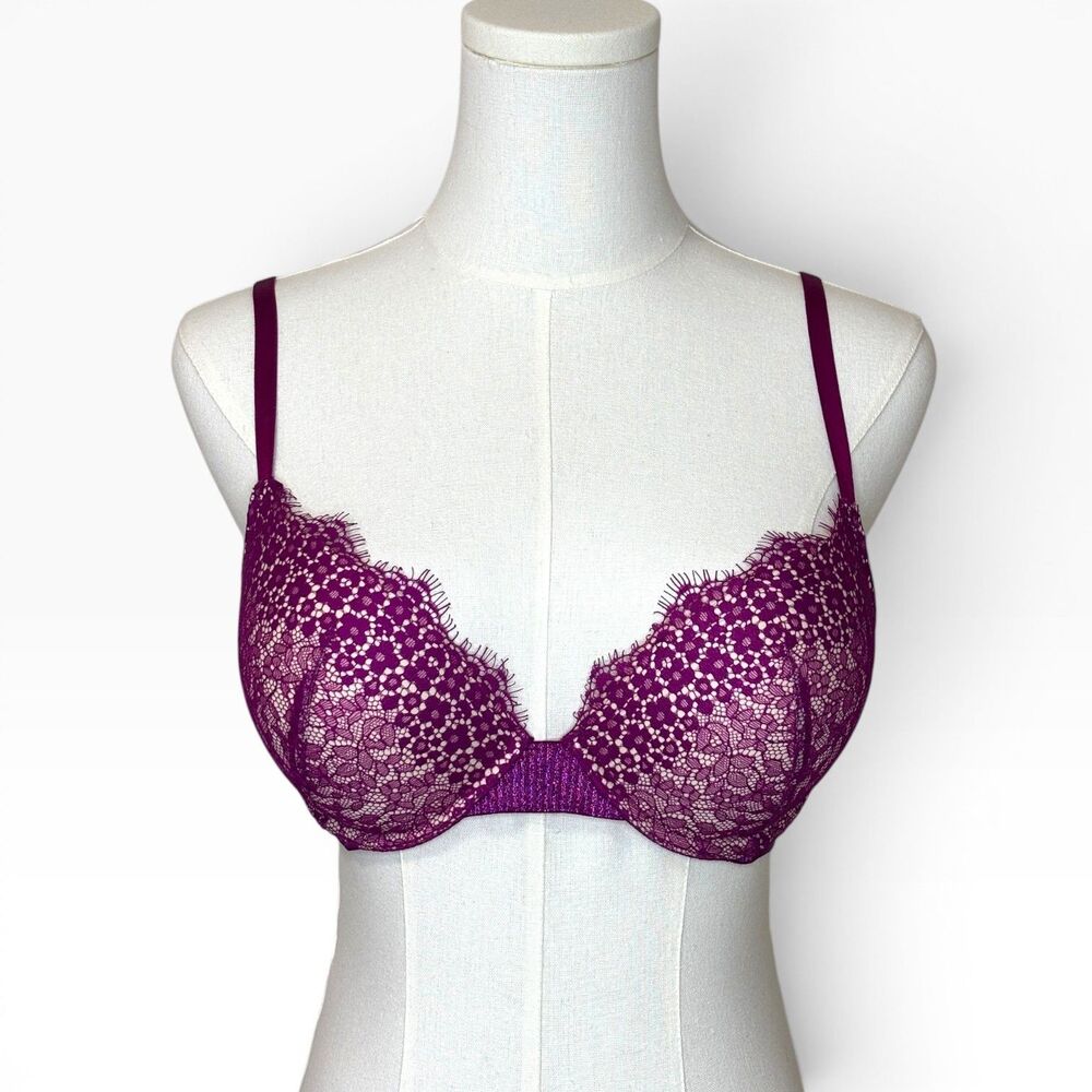 Victoria’s Secret Purple Lace Push Up Bra 34C Underwire Plunge Padded Magenta